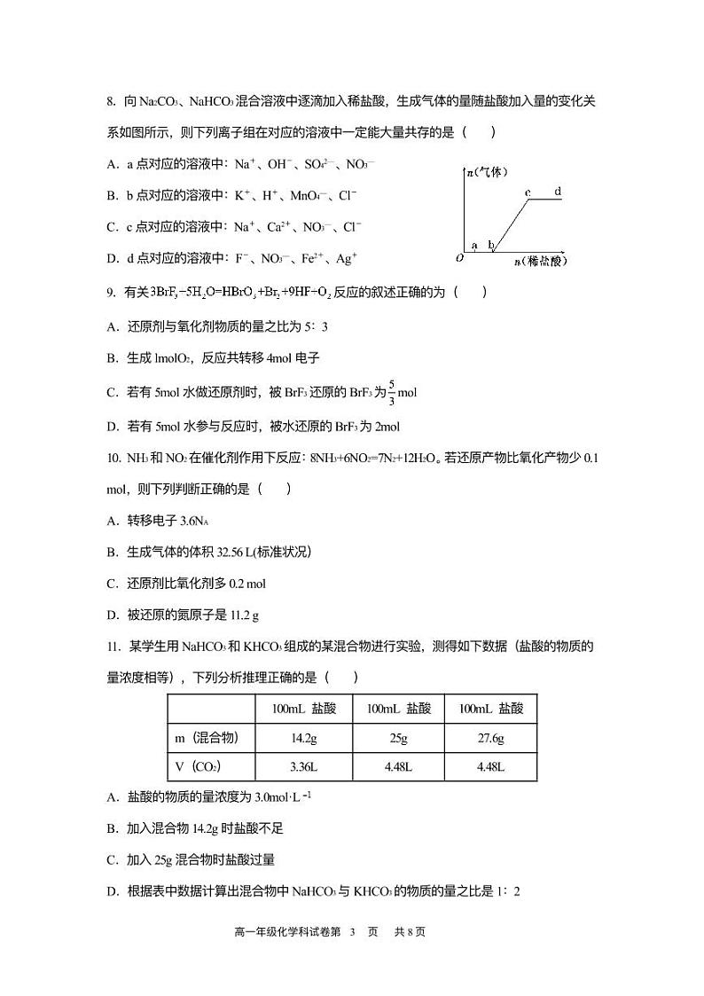 辽宁省实验中学 2021-2022 学年高一上学期期中阶段测试化学试卷第3页
