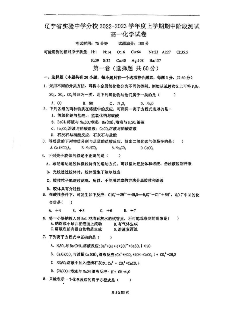 辽宁省实验中学分校2022-2023学年高一上学期期中阶段测试化学试卷01