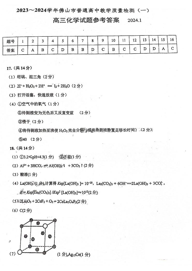 1_2024佛山高三教学质量检测（一）【佛山一模】化学参考答案第1页