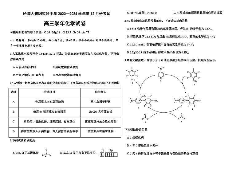 黑龙江省哈尔滨师范大学青冈实验中学校2023-2024学年高三上学期12月份考试化学试题 Word版第1页