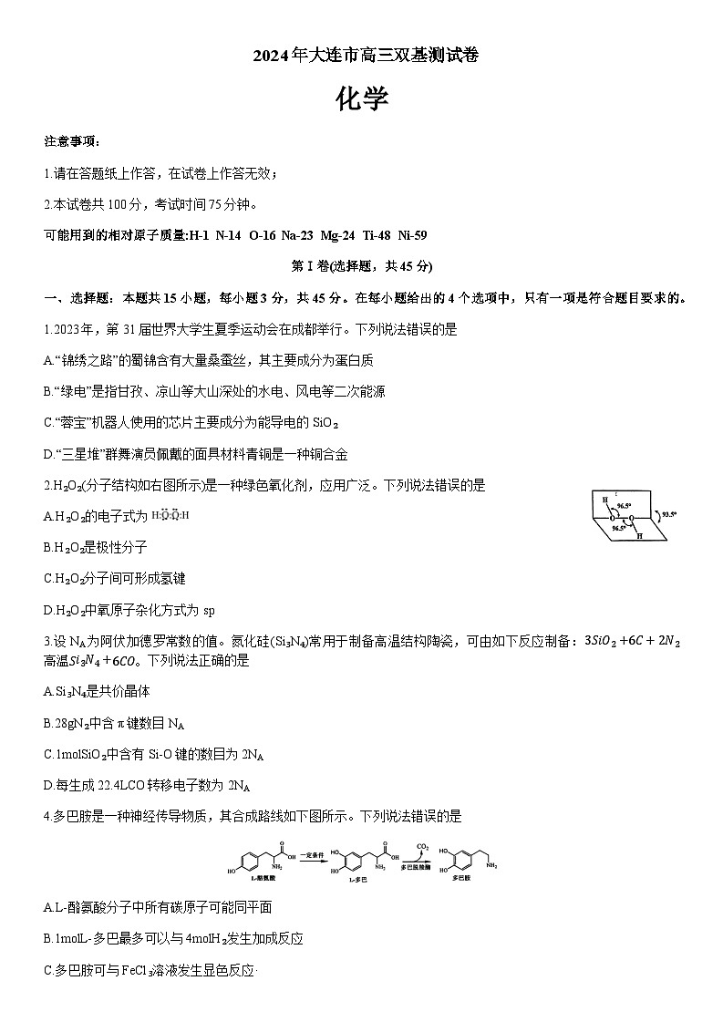 2024年大连市高三双基测试卷化学第1页