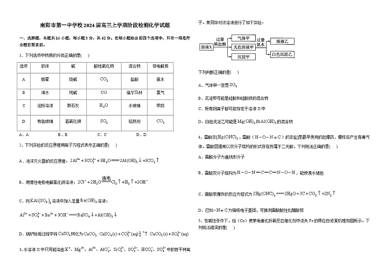 河南省南阳市第一中学校2024届高三上学期阶段检测化学试题（12月）含答案01