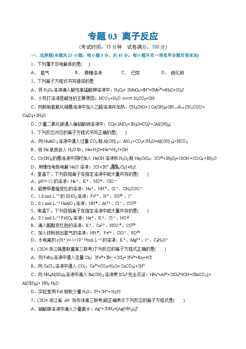 专题03+离子反应(测试)-2024年高考化学二轮复习讲练测（新教材新高考）01