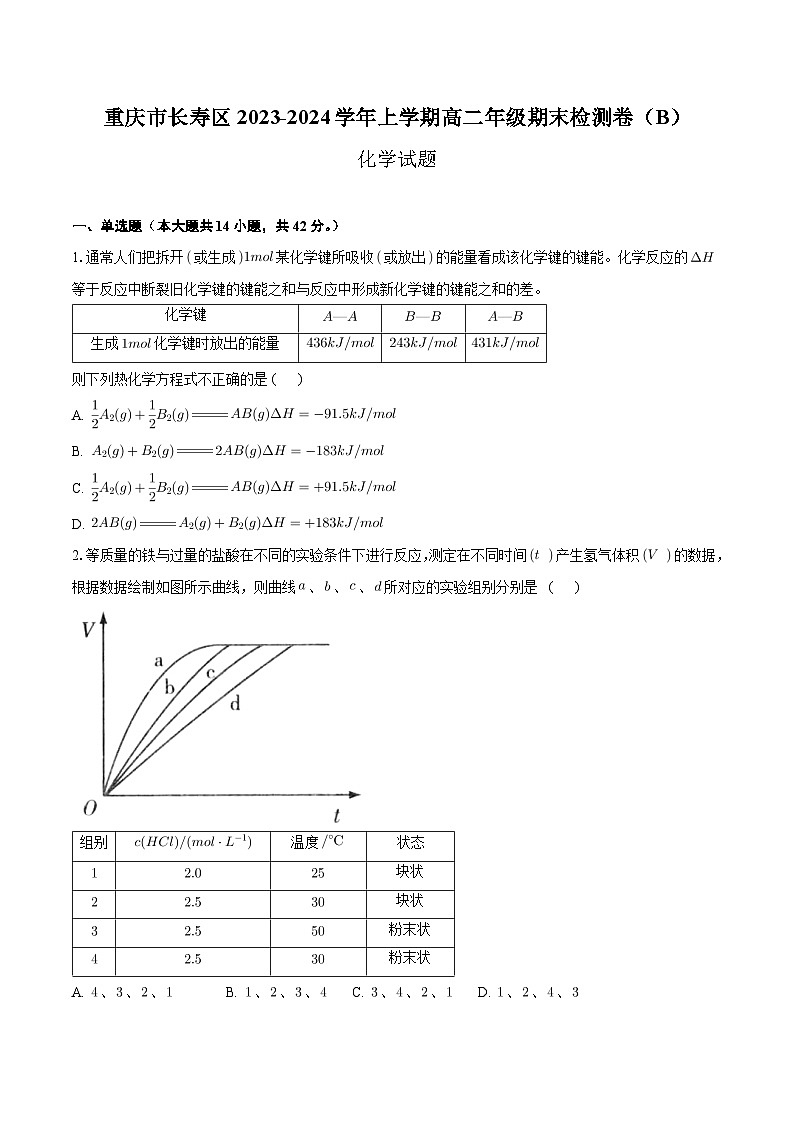 重庆市长寿区八校2023-2024学年高二上学期1月期末联考化学试题（Word版附答案）第1页