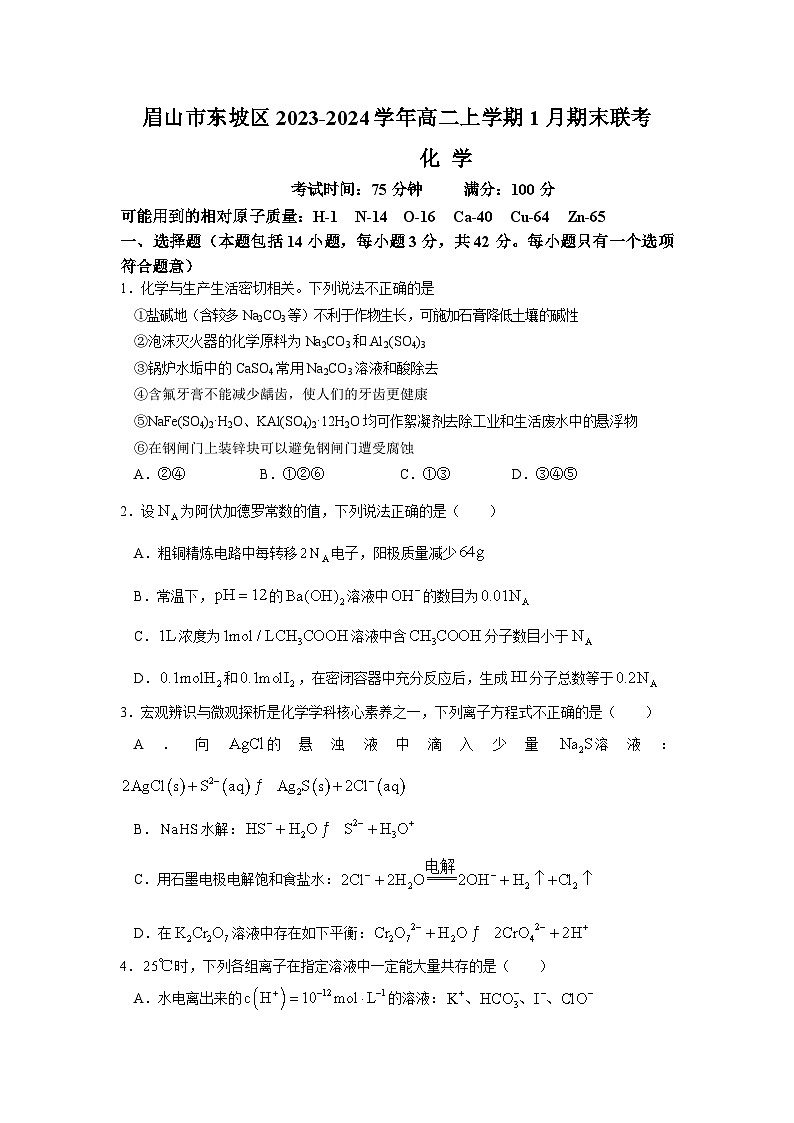 四川省眉山市东坡区2023-2024学年高二上学期1月期末联考化学试题（含答案）01