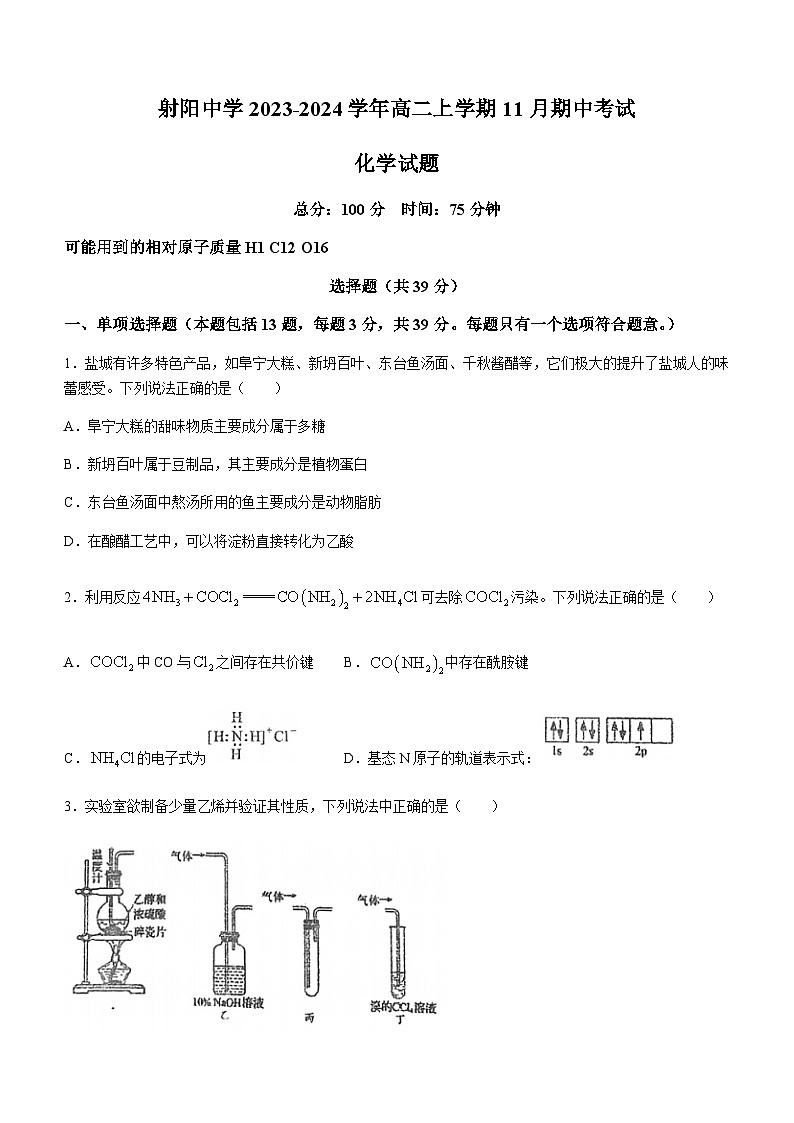 江苏省盐城市射阳中学2023-2024学年高二上学期11月期中考试化学试题含答案01