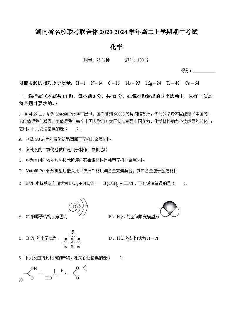 湖南省名校联考联合体2023-2024学年高二上学期期中考试化学试题含答案01