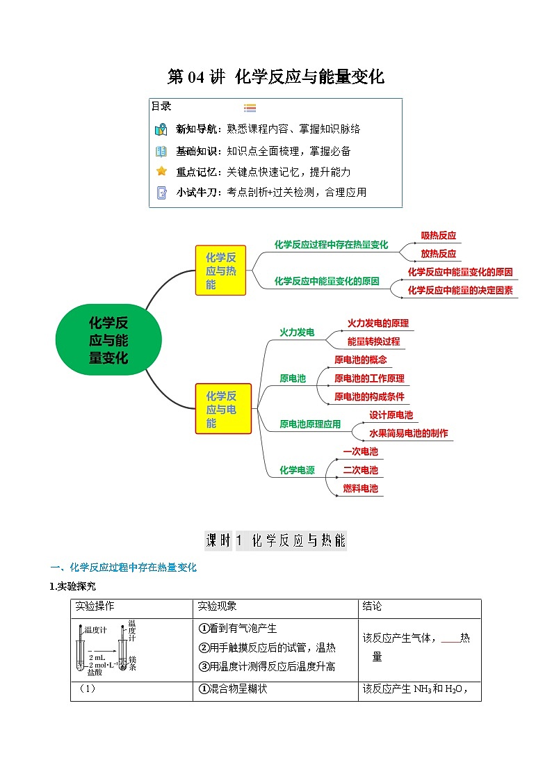 【寒假作业】（人教版2019）高中化学 高一寒假巩固提升训练 第04讲 化学反应与能量变化-练习.zip01