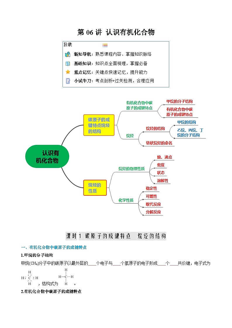 【寒假作业】（人教版2019）高中化学 高一寒假巩固提升训练 第06讲 认识有机化合物（原卷版）第1页