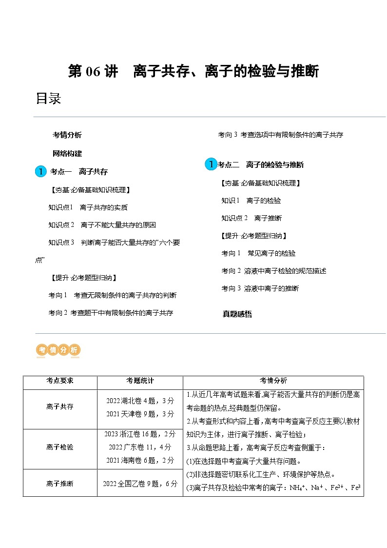 第06讲 离子共存、离子的检验与推断（讲义）-备战2024年高考化学一轮复习精品课件+讲义+练习（新教材新高考）01