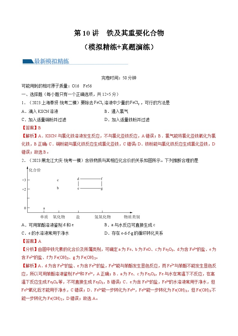 第10讲 铁及其重要化合物（练习）-备战2024年高考化学一轮复习精品课件+讲义+练习（新教材新高考）01