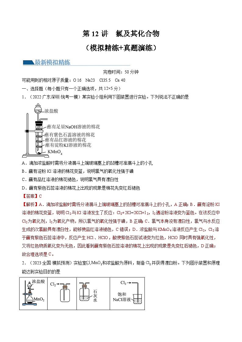 第12讲 氯及其化合物（练习）-备战2024年高考化学一轮复习精品课件+讲义+练习（新教材新高考）01