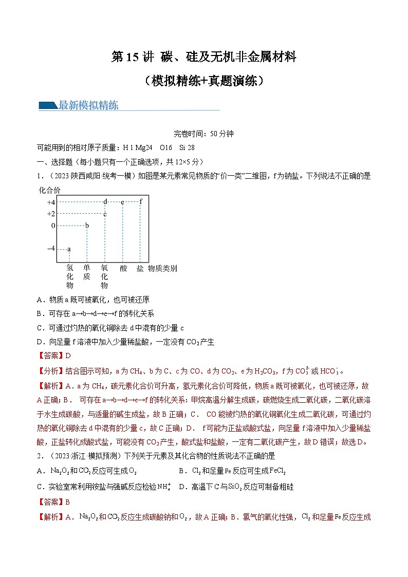 第15讲 碳、硅及无机非金属材料（练习）-备战2024年高考化学一轮复习精品课件+讲义+练习（新教材新高考）01