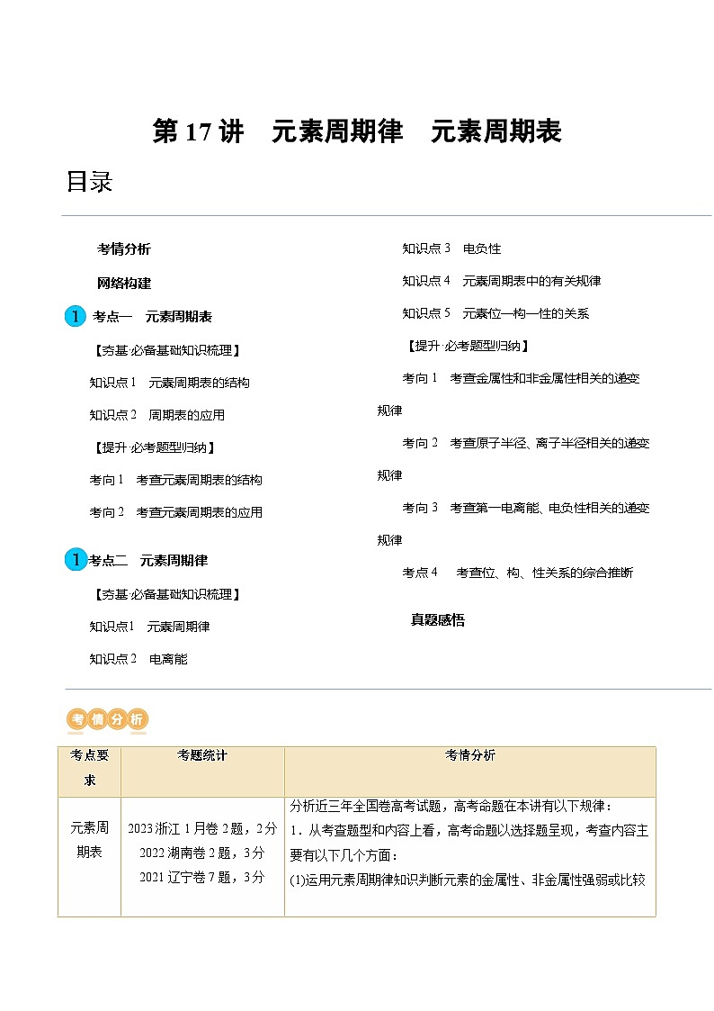 第17讲 元素周期律 元素周期表（讲义）（解析版）第1页