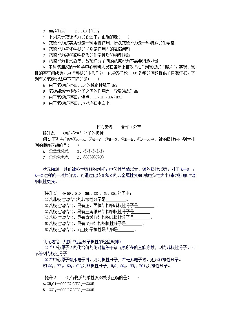 新教材2023版高中化学第二章分子结构与性质第三节分子结构与物质的性质第一课时共价键的极性分子间的作用力学案新人教版选择性必修203