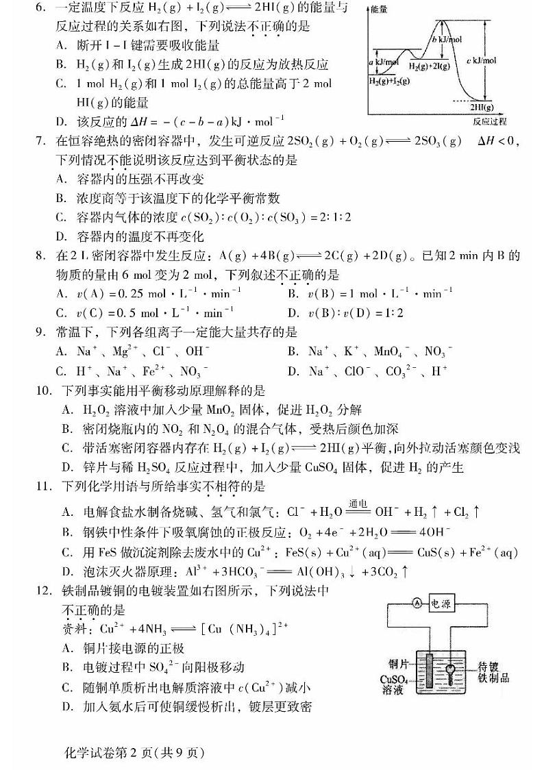 2023-2024学年北京昌平区高二上学期期末化学试题及答案02