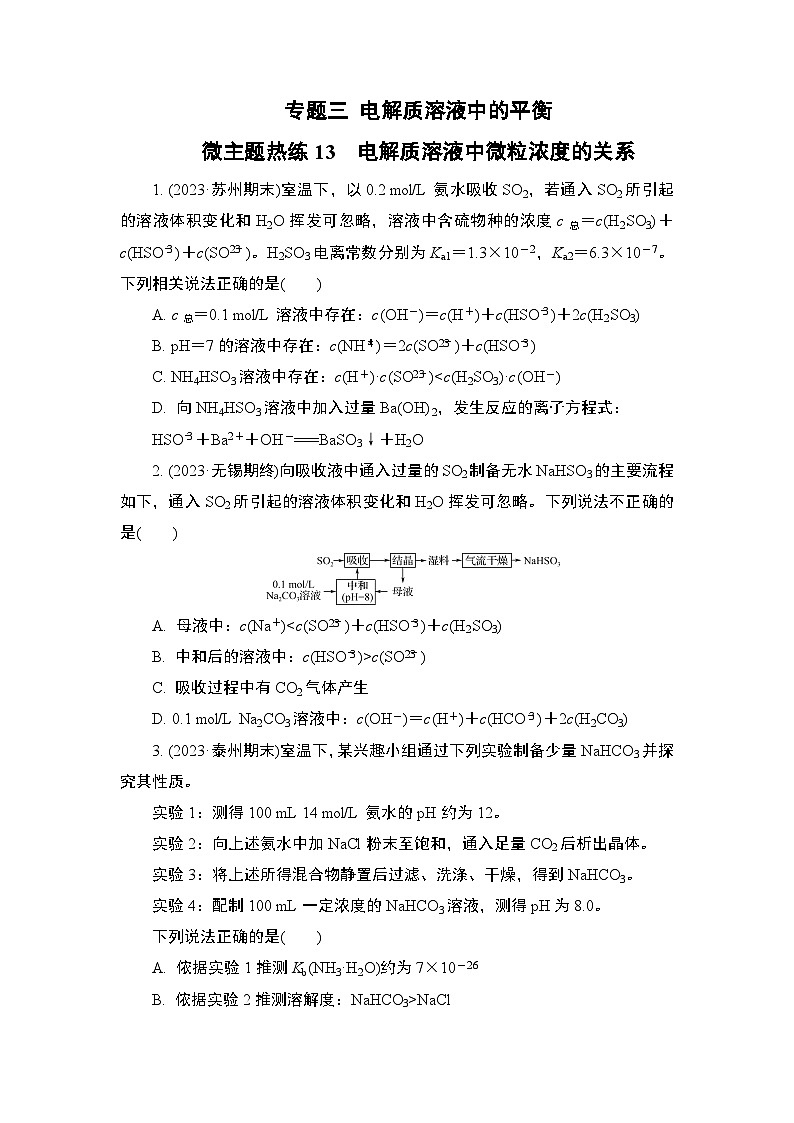 微主题热练13　电解质溶液中微粒浓度的关系（含解析）-2024年高考化学二轮复习第1页