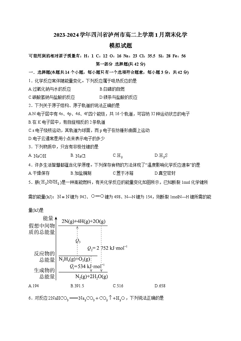 2023-2024学年四川省泸州市高二上册1月期末化学模拟试题（附答案）01