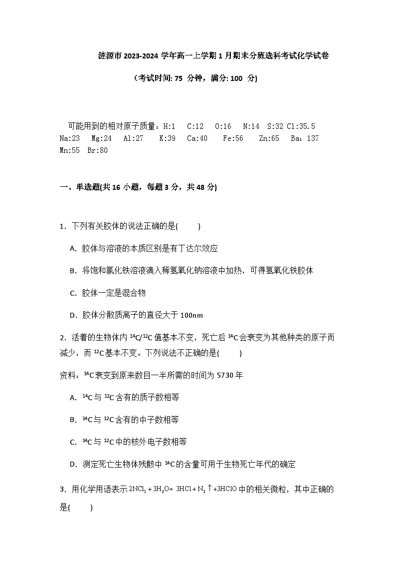 2024年涟源市高一分班选科考试 化学试题第1页