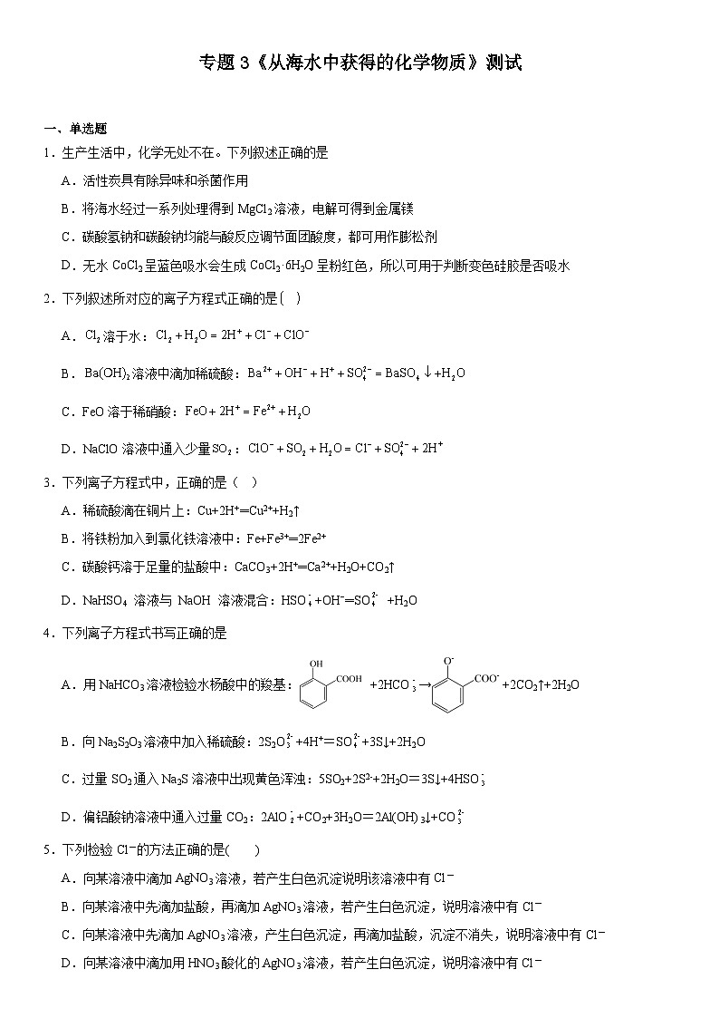 专题3《从海水中获得的化学物质》测试2023-2024学年上学期苏教版（2019）高一化学必修第一册第1页