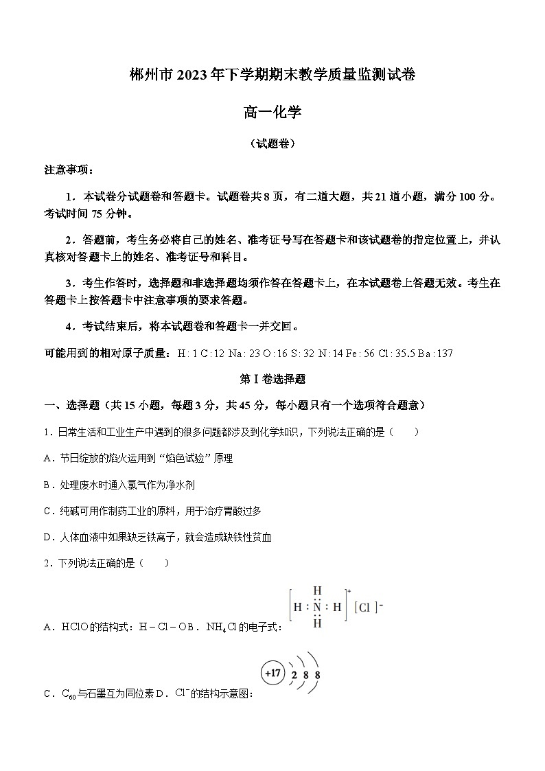 湖南省郴州市2023-2024学年高一上学期期末教学质量监测化学试卷（含答案）01