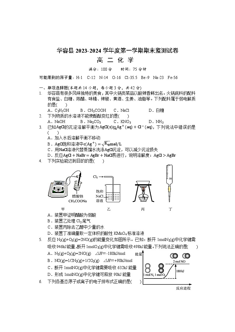 2024岳阳华容县高二上学期期末考试化学含答案01