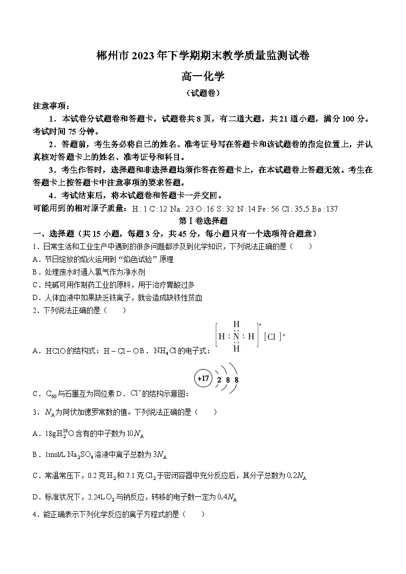 2024郴州高一上学期期末试题化学含答案第1页