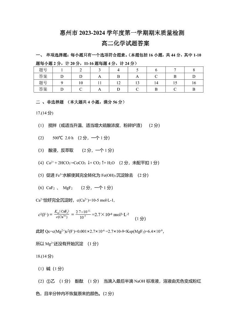 广东惠州2023-2024学年高二上学期期末质检化学试题+答案01