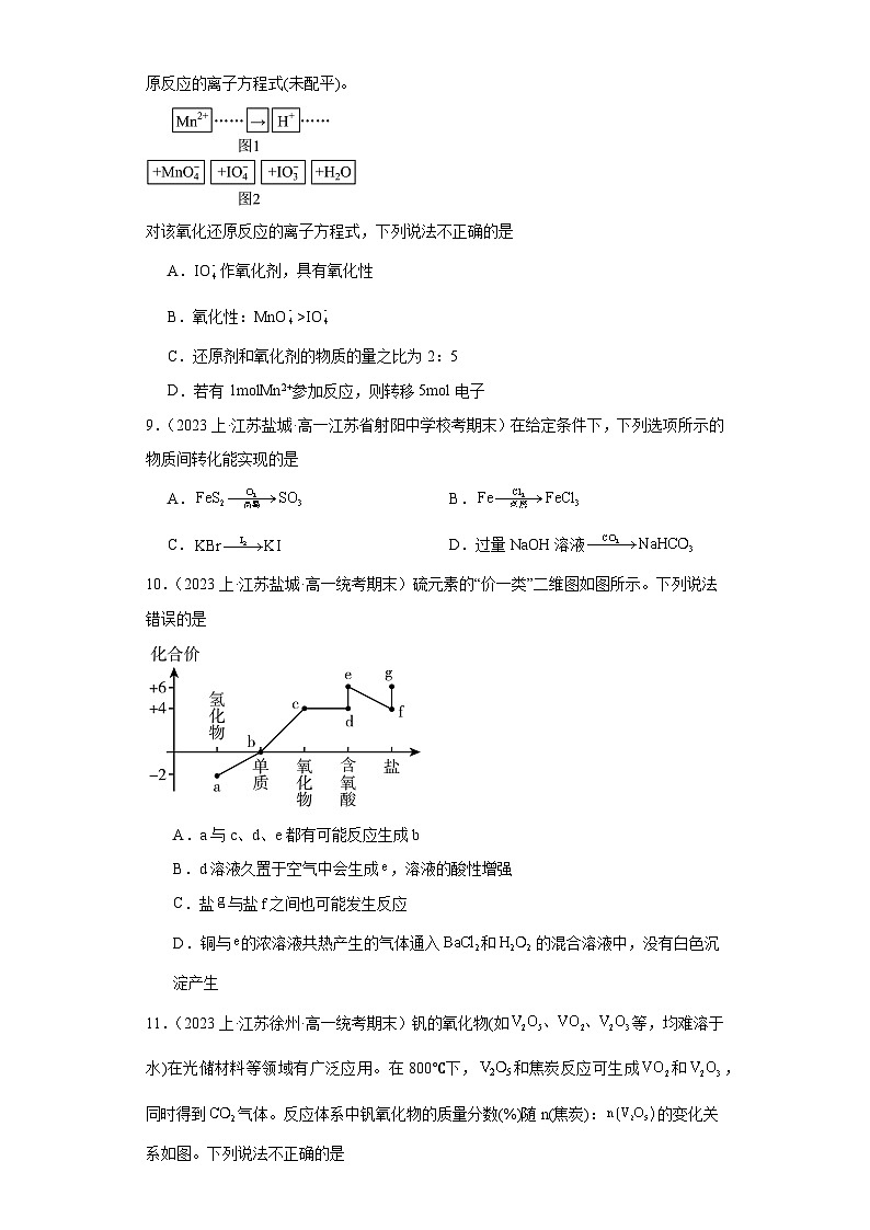 11硫及其化合物的相互转化--江苏省2023-2024学年高一化学上学期期末专题练习（苏教版）03