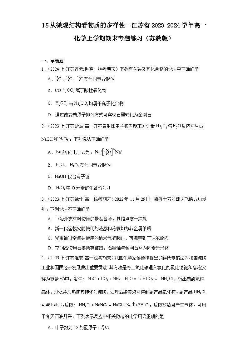 15从微观结构看物质的多样性--江苏省2023-2024学年高一化学上学期期末专题练习（苏教版）01