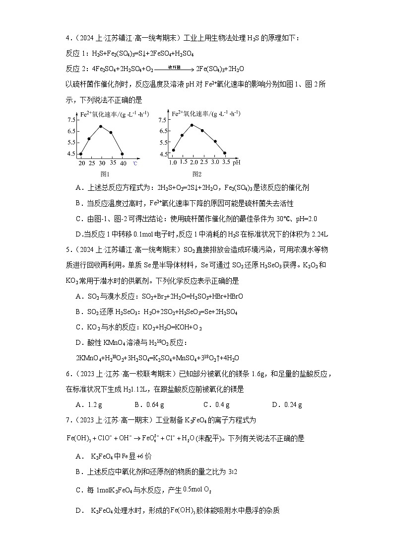 11硫及其化合物的相互转化--江苏省2023-2024学年高一化学上学期期末专题练习（苏教版）02