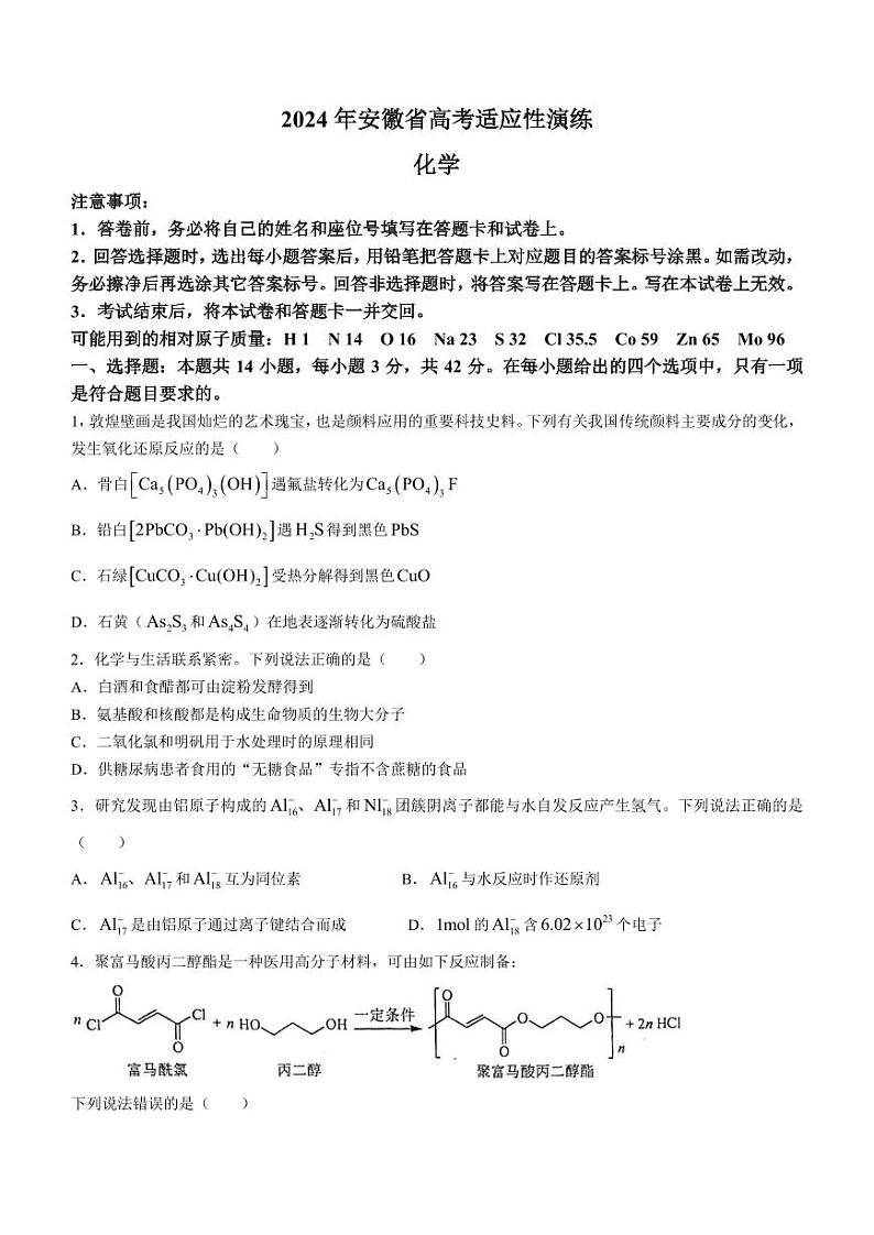 2024年1月安徽普通高等学校招生考试适应性测试化学试题(无答案)第1页