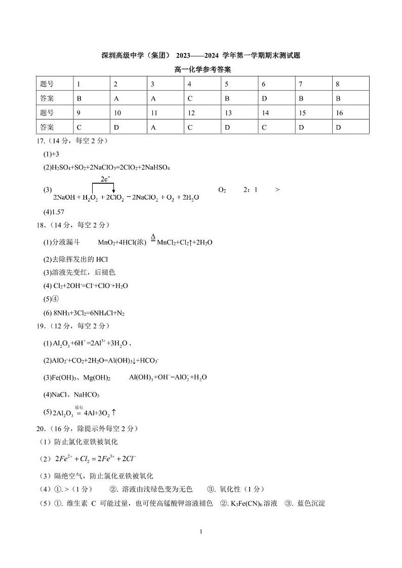 广东省深圳市高级中学2023-2024学年高一上学期期末考试化学试题01