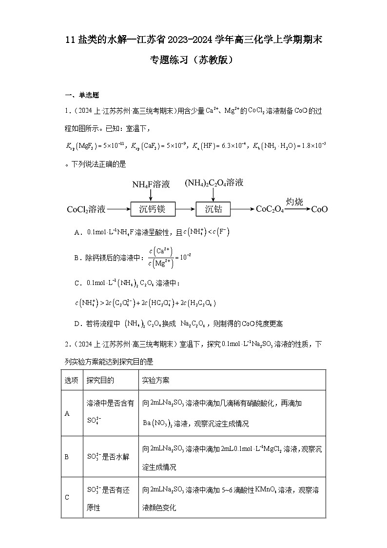 11盐类的水解--江苏省2023-2024学年高三化学上学期期末专题练习（苏教版）第1页