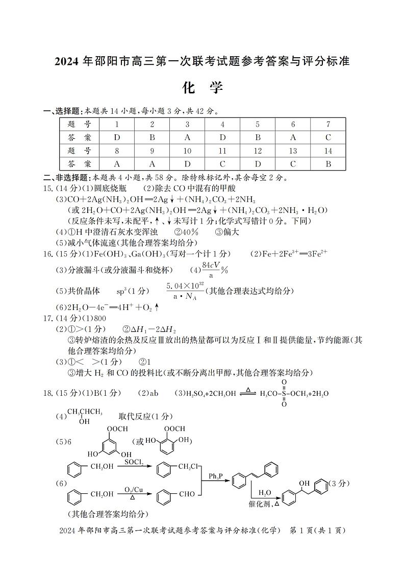 2024届湖南省邵阳市高三第一次联考化学试题答案第1页