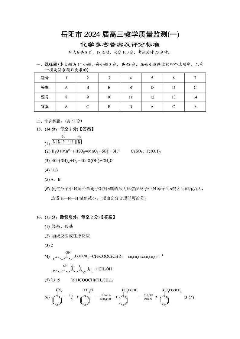 湖南省岳阳市2024届高三教学质量监测（一）化学试题01