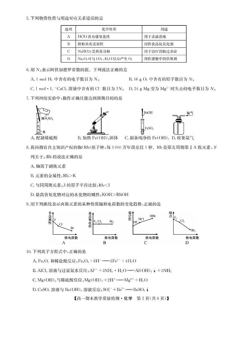 江西省部分地区2023-2024学年高一上学期1月期末教学质量检测化学试题02
