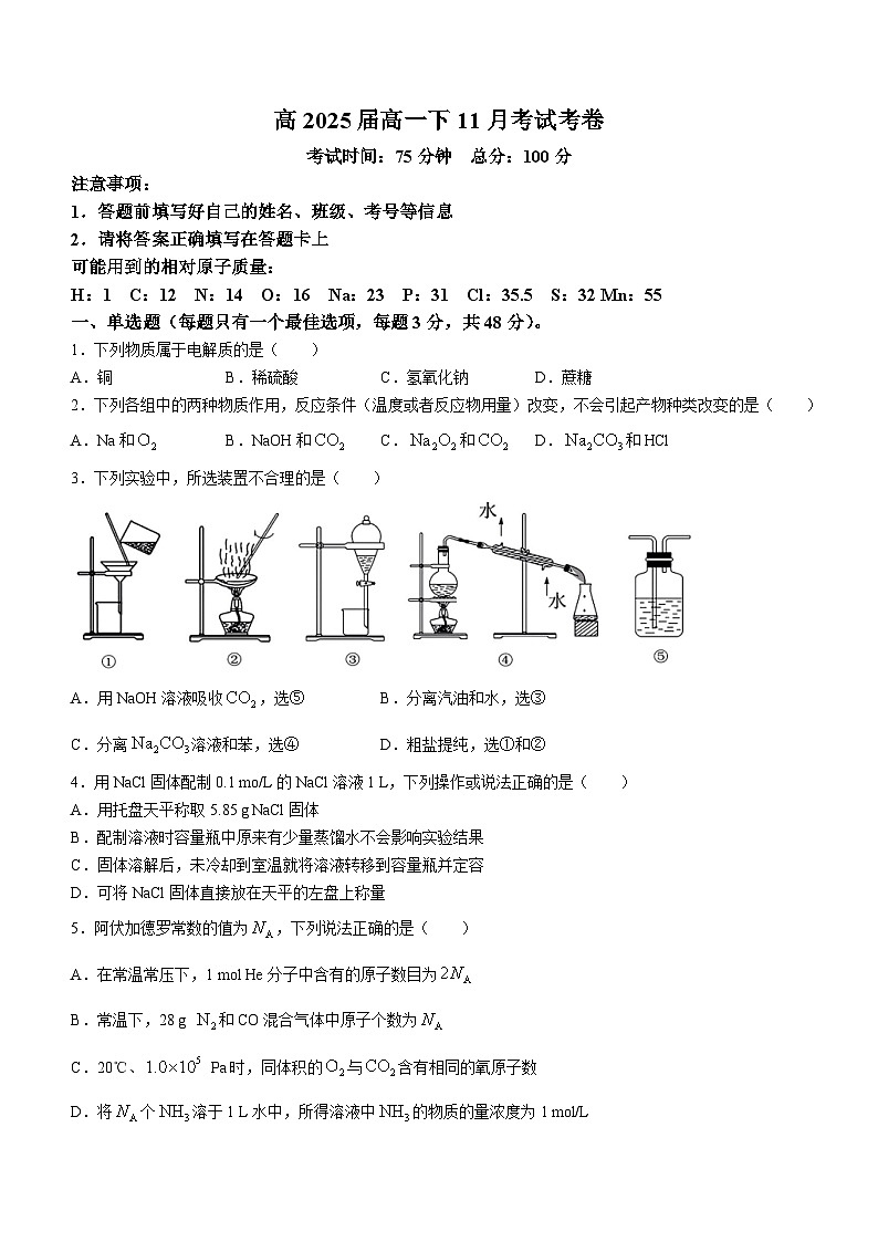 2023-2024学年四川省达州外国语学校高一上学期11月月考化学试题01