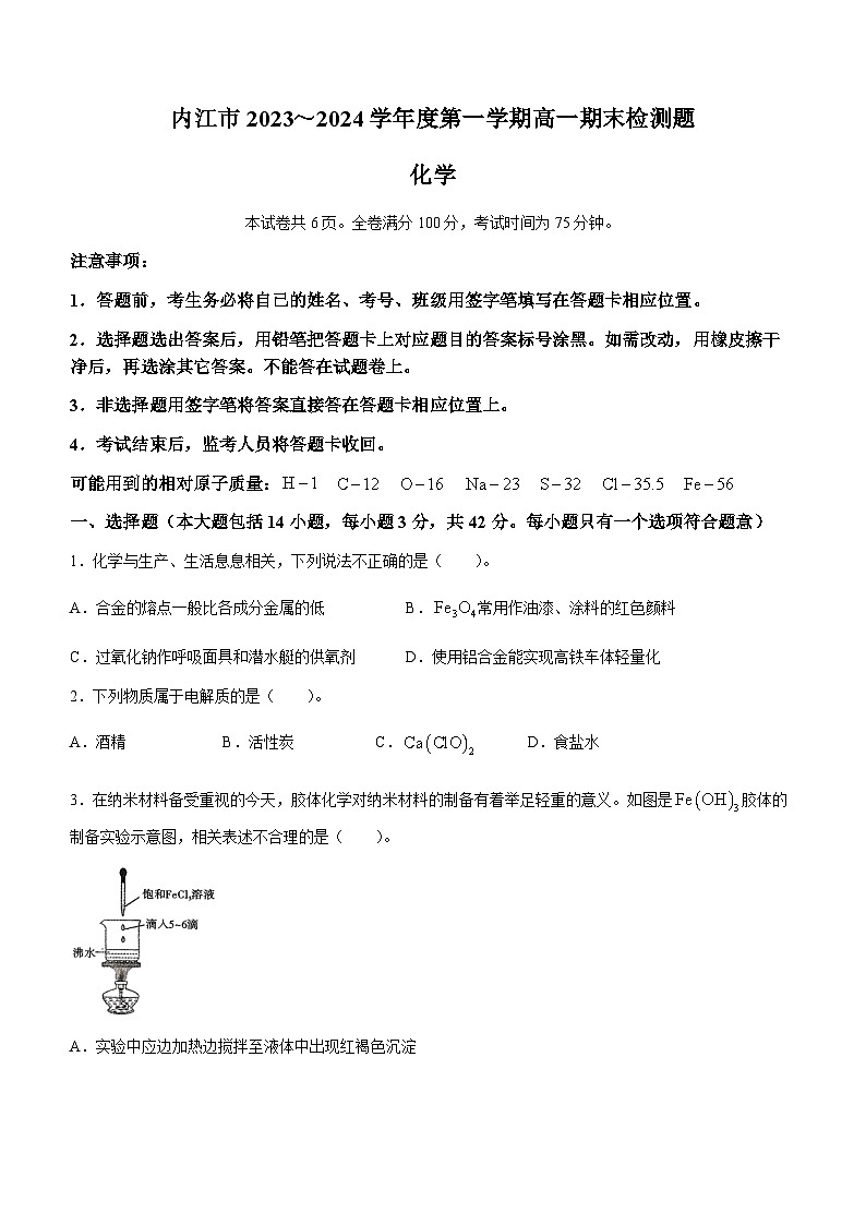111，四川省内江市2023-2024学年高一上学期期末检测题化学试题(无答案)01