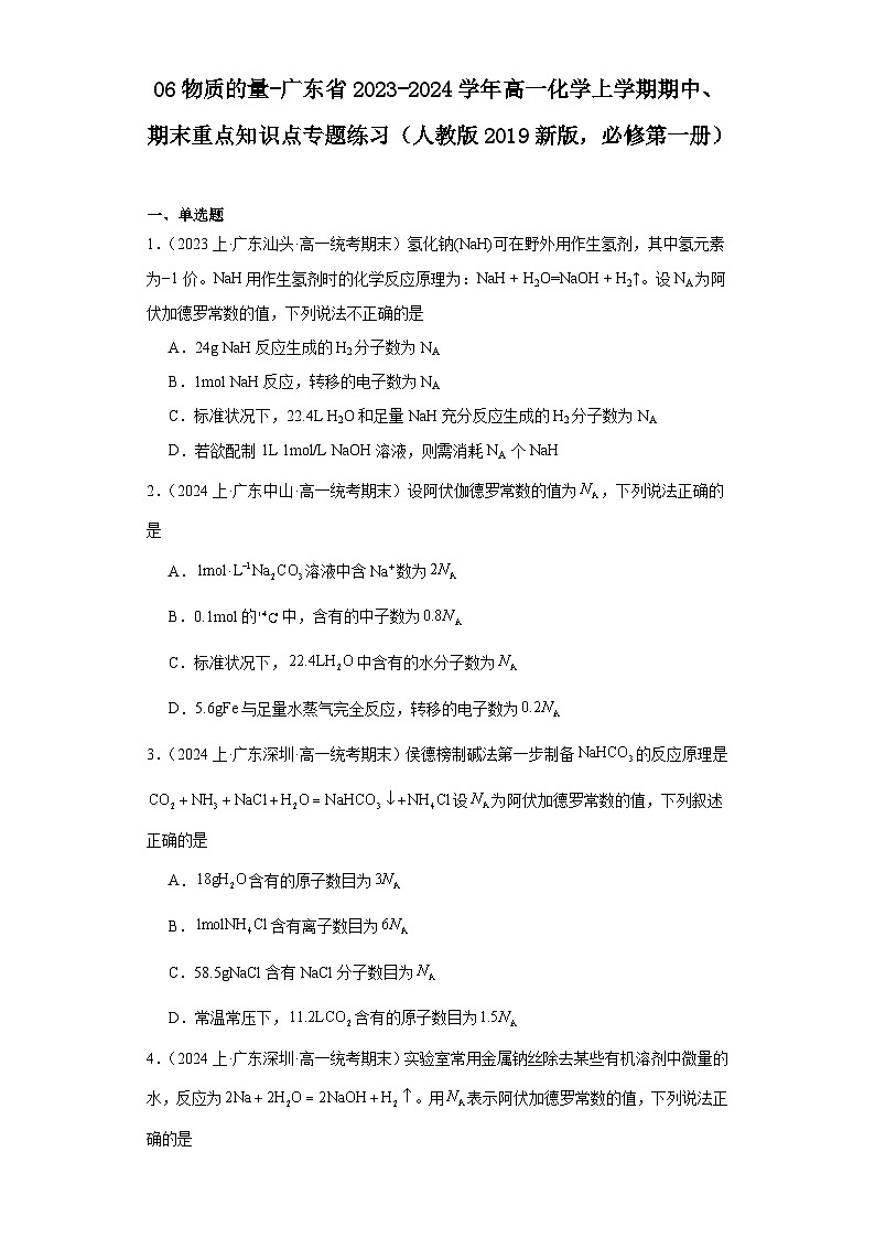 06物质的量-广东省2023-2024学年高一化学上学期期中、期末重点知识点专题练习（人教版2019）第1页