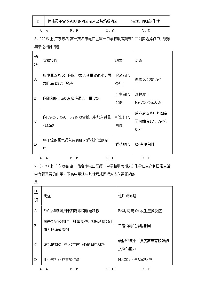 07铁及其化合物-广东省2023-2024学年高一化学上学期期中、期末重点知识点专题练习（人教版2019）第3页