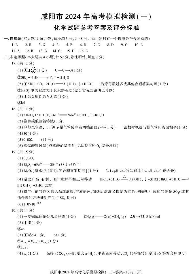 咸阳市2024高考第一次模拟考试化学试题01