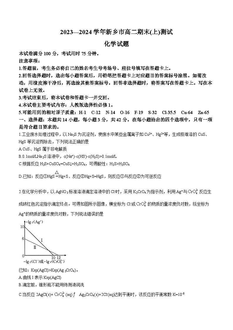 2024新乡高二上学期期末测试化学含解析01