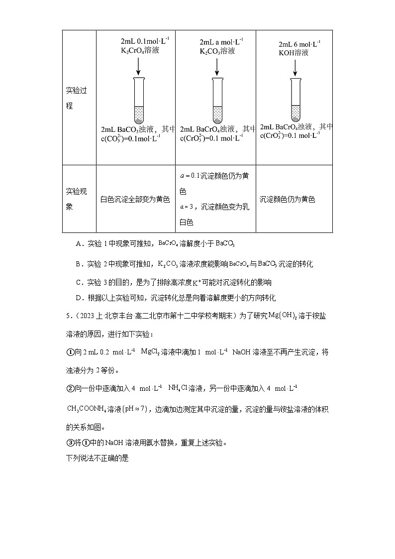 09沉淀溶解平衡（选择题经典常考题）-北京市2023-2024学年高二化学上学期期末重点专题练习（人教版2019新版，选择性必须第1册）第3页