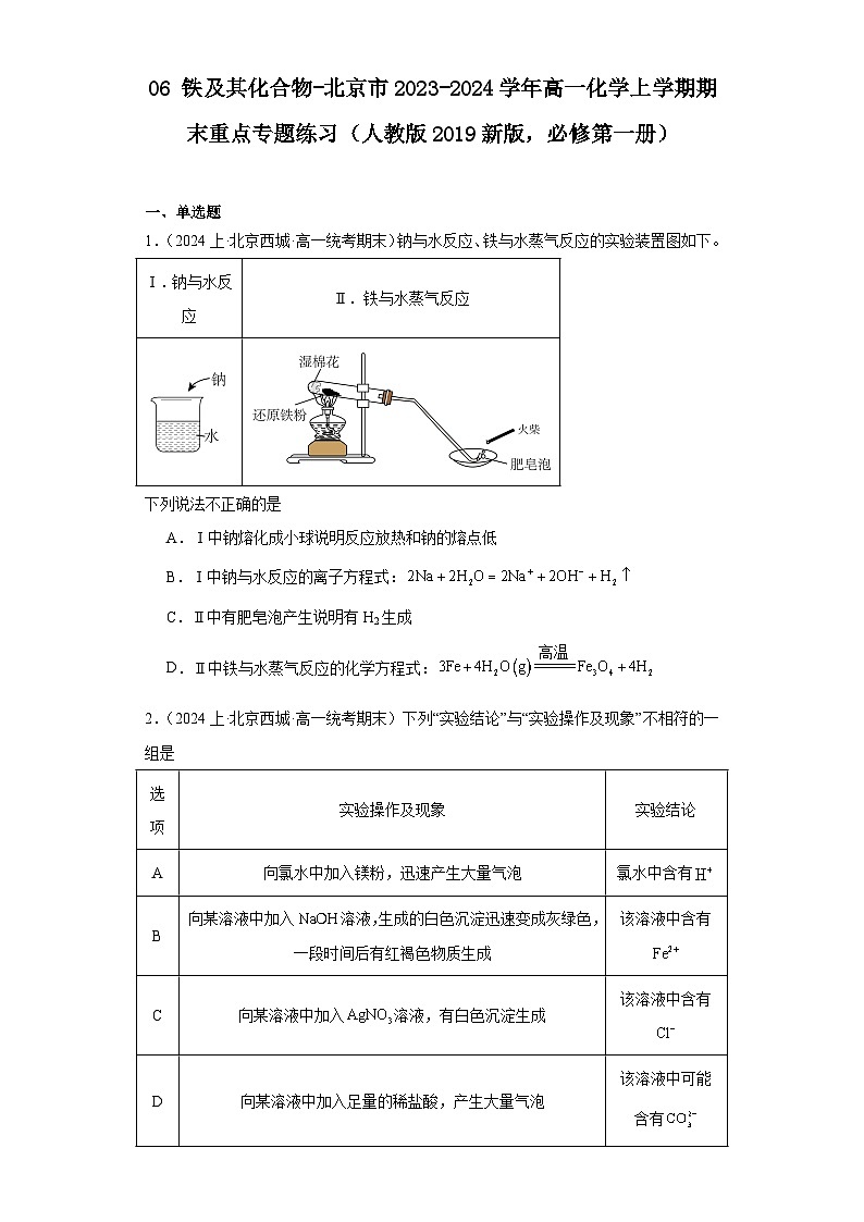 06铁及其化合物-北京市2023-2024学年高一化学上学期期末重点专题练习（人教版2019新版，必修第一册），01