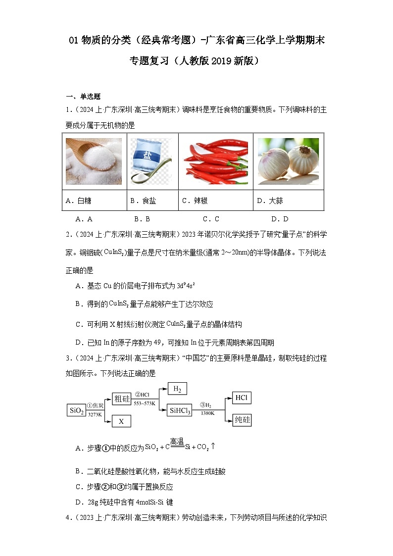 01物质的分类（经典常考题）-广东省高三化学上学期期末专题复习（人教版2019新版）01