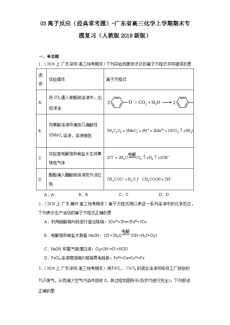 03离子反应（经典常考题）-广东省高三化学上学期期末专题复习（（人教版2019新版）第1页