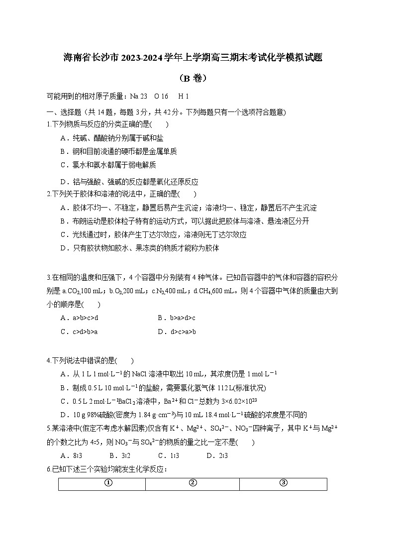 海南省长沙市2023-2024学年上册高三期末考试化学模拟试题（B卷）（附答案）第1页