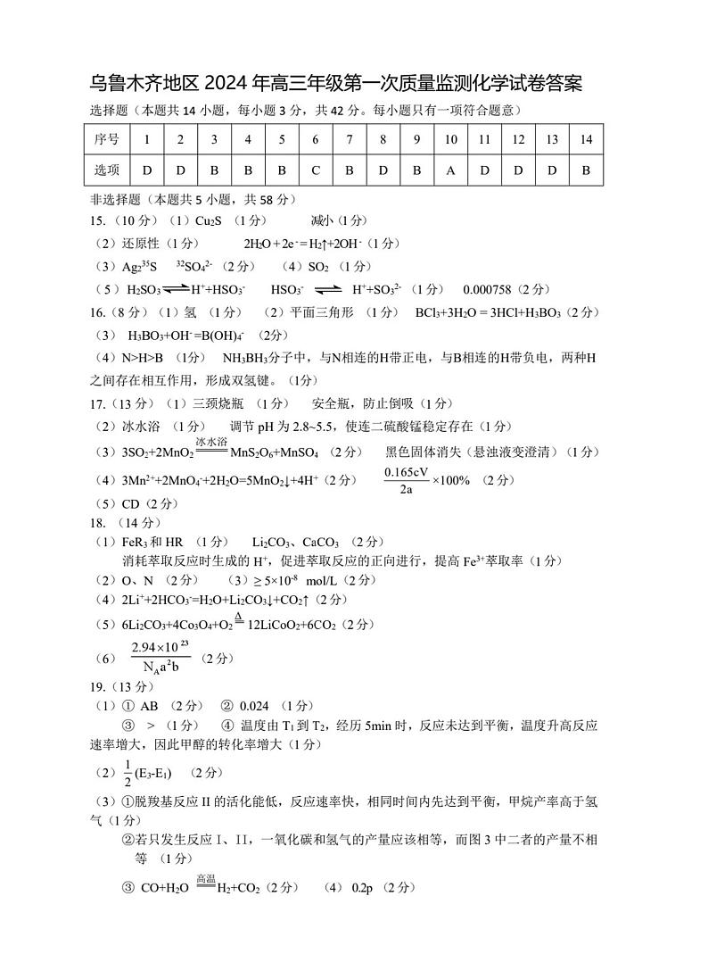 2024届新疆乌鲁木齐市高三第一次质量监测化学试题01