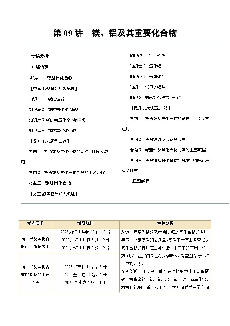 新高考化学复习讲义+练习 第09讲 镁、铝及其重要化合物（讲义+练习）（原卷版）01